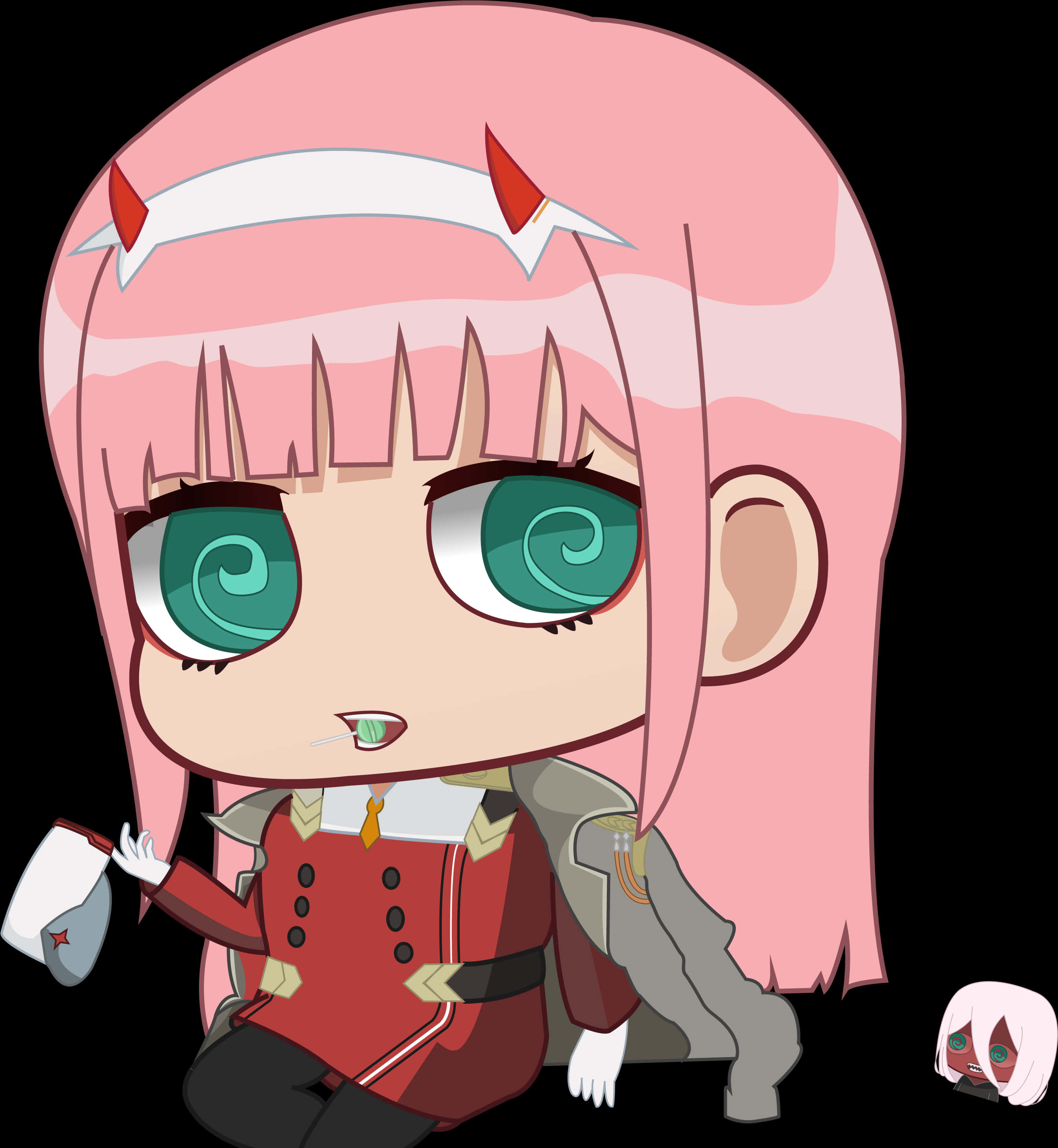 零二Q版插畫.PNG 壁紙 — 粉紅色頭髮、綠色螺旋眼的Q版動漫女孩拿著杯子，一個小漂浮的頭出現在她旁邊。