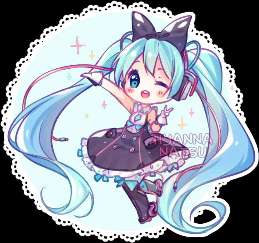 初音未來Q版可愛姿勢 壁紙 — 一個開心的動漫女孩，擁有藍綠色雙馬尾和貓耳，穿著荷葉邊連衣裙，在粉彩閃亮背景前眨眼擺姿勢。