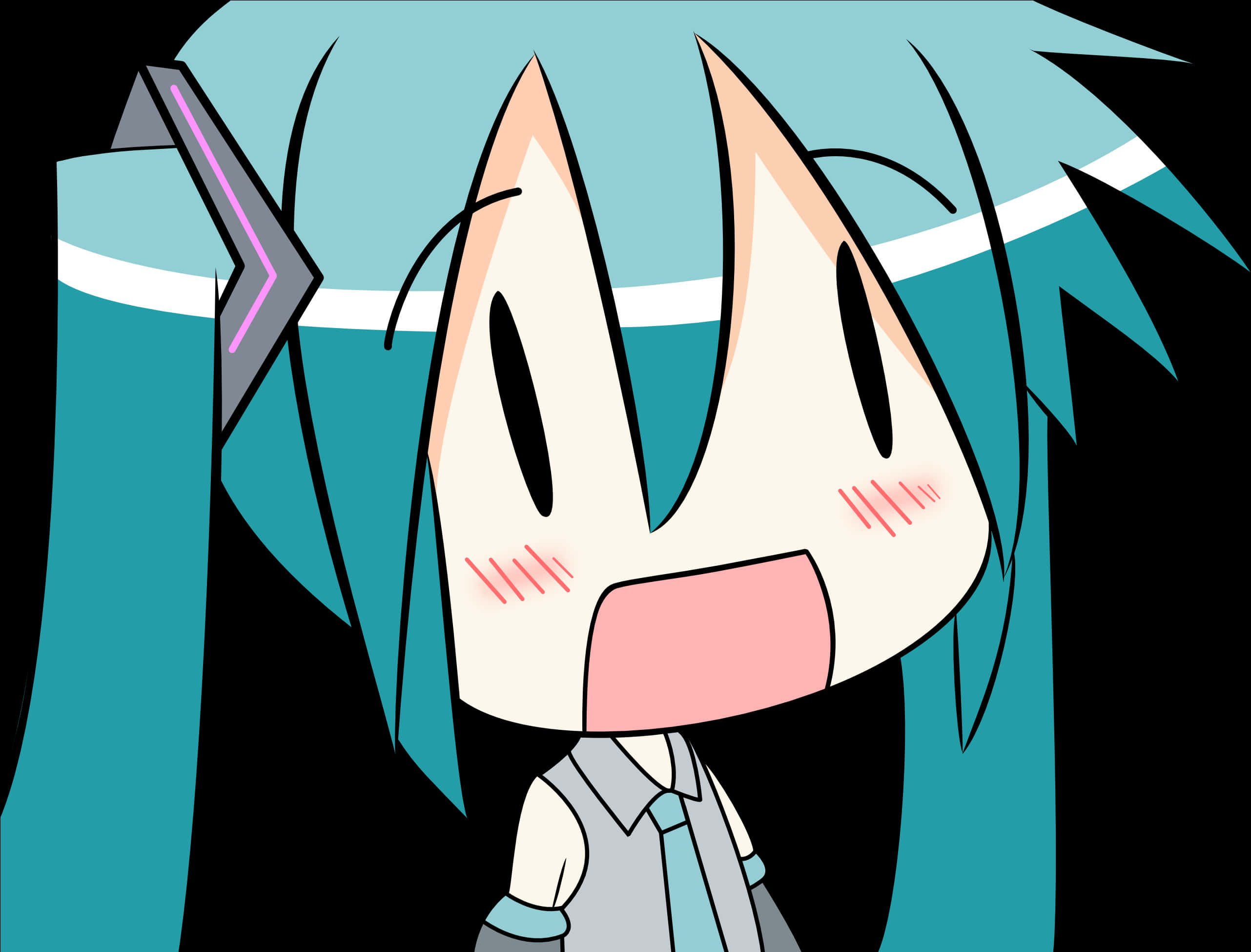 Q版初音未來興奮表情 壁紙 — 一個驚訝的動漫女孩，擁有藍綠色頭髮和紅暈，在黑色背景下睜大眼睛凝視。