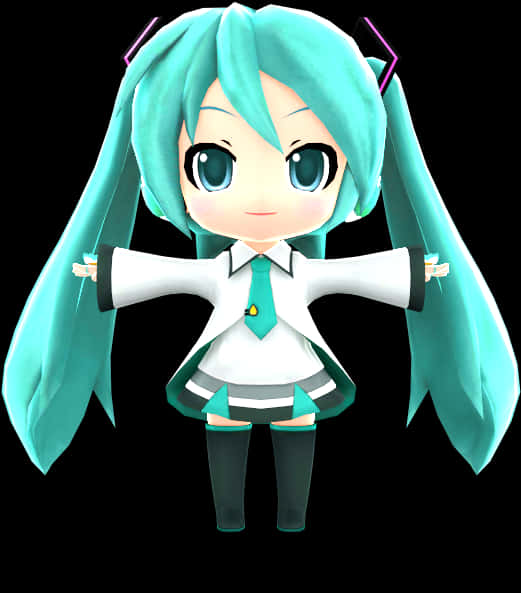 Q版初音未來人偶 壁紙 — Q版動漫女孩，扎著藍綠色辮子，穿著校服，站在黑色背景前。