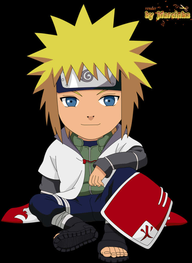 Q版波風湊火影忍者角色 壁紙 — Chibi Naruto 盤腿坐在黑色背景前，戴著標誌性的頭帶和紅色涼鞋。