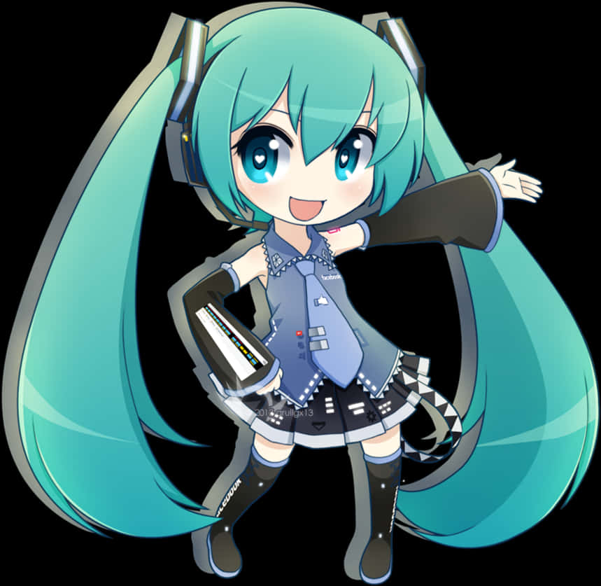 初音未來Q版插畫 壁紙 — 一個開心的Q版動漫女孩，擁有藍綠色頭髮和耳機，在黑色背景前拿著音樂鍵盤。