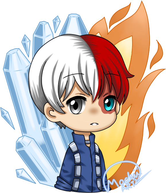 Q版轟焦凍 冰火雙重 壁紙 — Chibi 動漫男孩，半白半紅的頭髮，站在冰晶和火焰之間，採用大膽的分色設計。