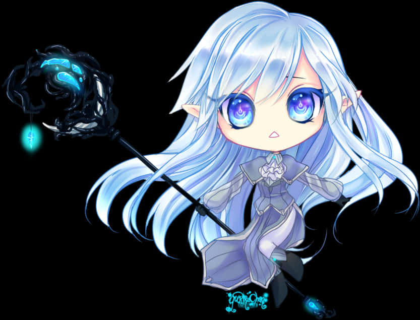 Q版魔法少女持法杖 壁紙 — 一個銀髮藍眼的Q版動畫法師，在黑色背景前揮舞著散發神秘藍色能量的法杖。
