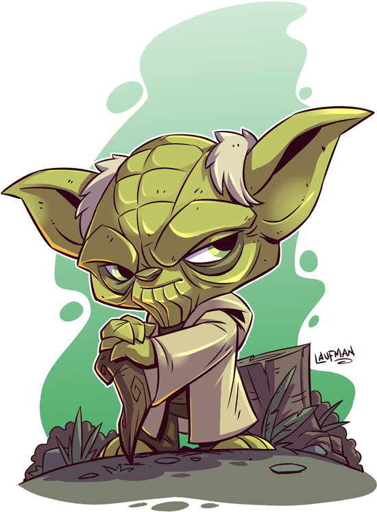 Q 版 Yoda 卡通插畫 壁紙 — 一個憤怒眼神的Q版尤達握著光劍柄，站在岩石上，身後有綠色迷霧旋轉。
