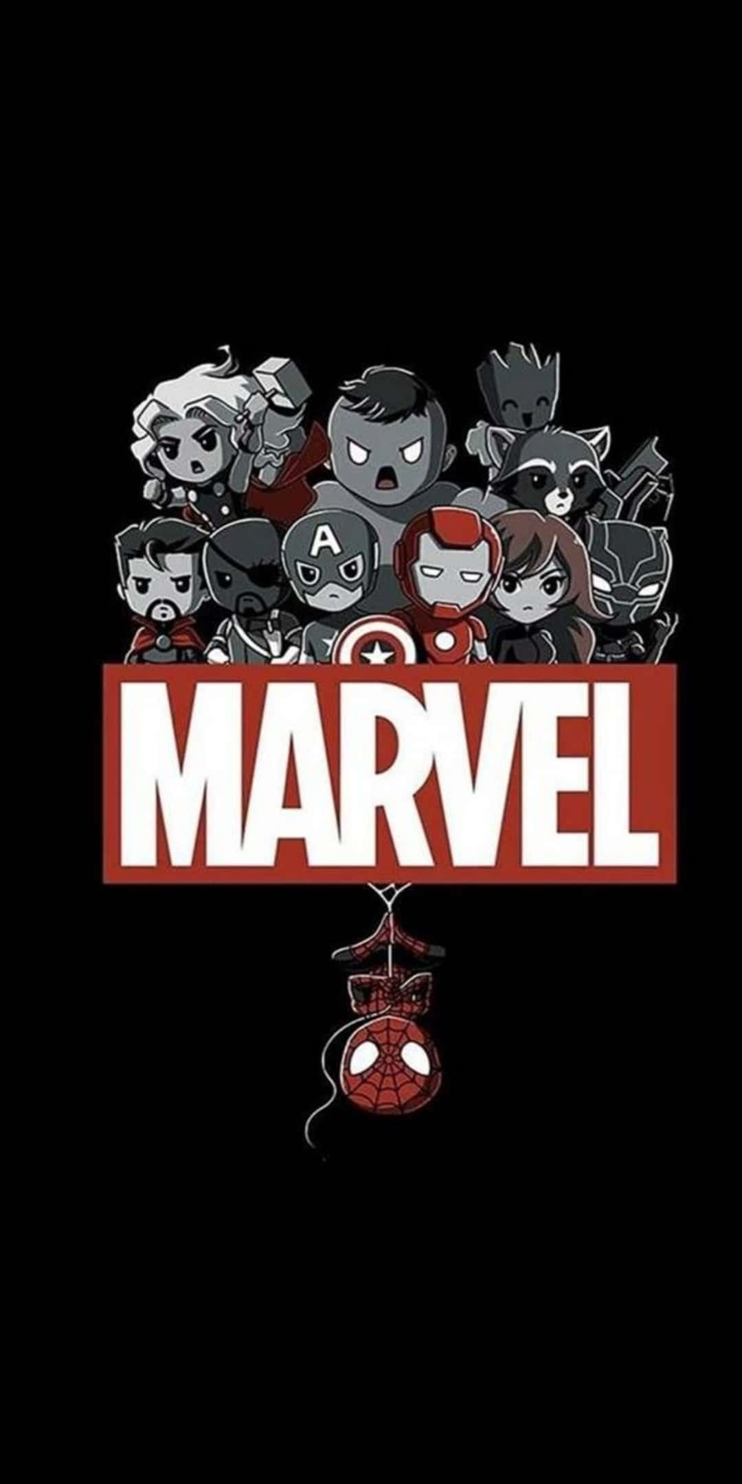 Q 版英雄 Pixel 3 馬克·羅斯的復仇者聯盟背景 壁紙 — 灰階的Chibi Marvel超級英雄聚集在紅色Marvel標誌周圍，下方懸掛著蜘蛛俠面具。