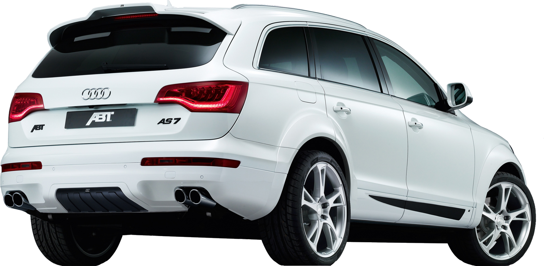 白色奧迪Q7 ABT運動版後視圖 壁紙 — 一輛時尚的白色ABT改裝奧迪Q7 SUV，從後方四分之三角度展示，配備運動型排氣管和合金輪圈。
