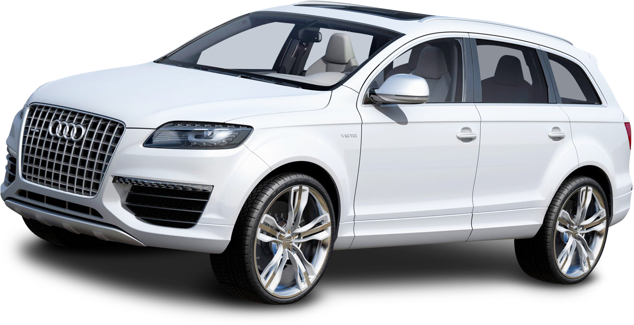 白色奧迪Q7豪華SUV 壁紙 — 一輛純白色的奧迪Q7 SUV在工作室環境中展示，線條簡潔，合金輪轂閃閃發光。