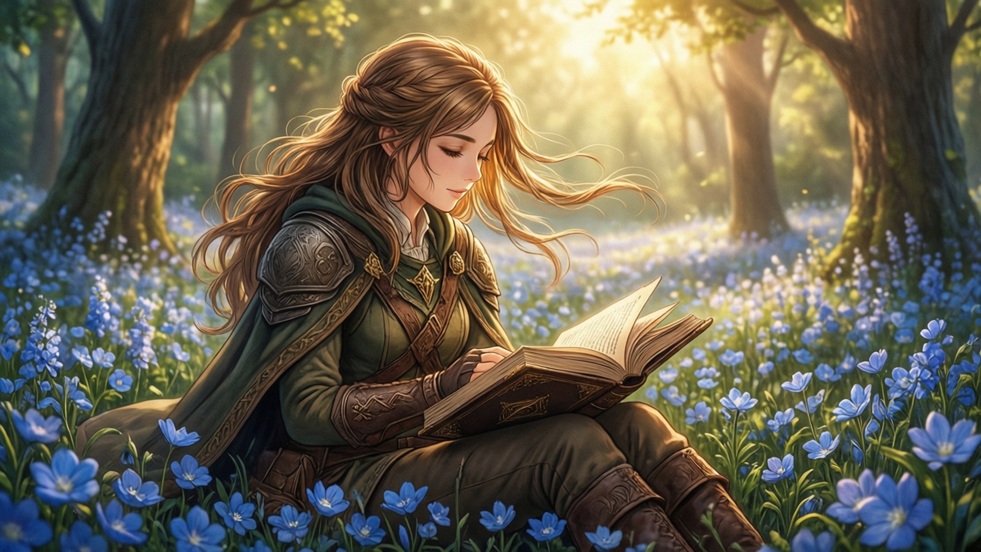 Frieren: Beyond Journey's End 桌布 壁紙 — 一位奇幻女戰士，長髮飄逸，在寧靜森林中陽光普照的藍色花田裡閱讀一本書。