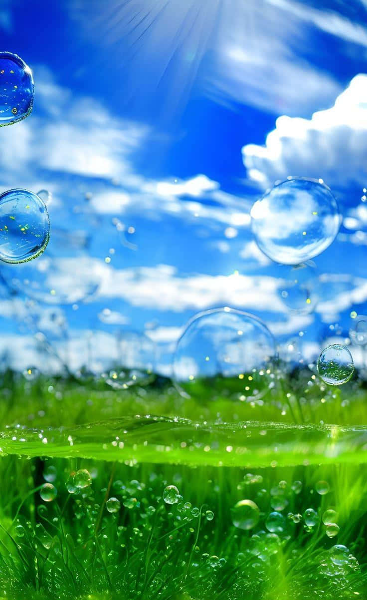  壁紙 — 氣泡漂浮在充滿活力的綠色草地上，藍天白雲。