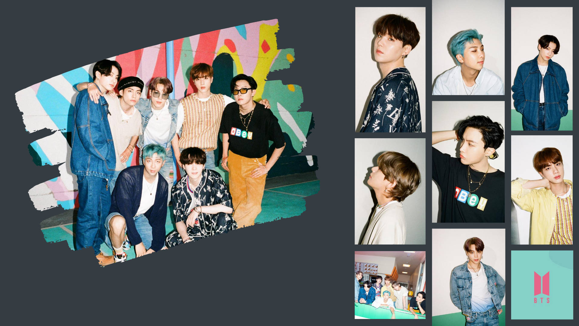七位K-pop偶像穿著休閒服裝，在塗鴉牆前和個人照中擺姿勢。