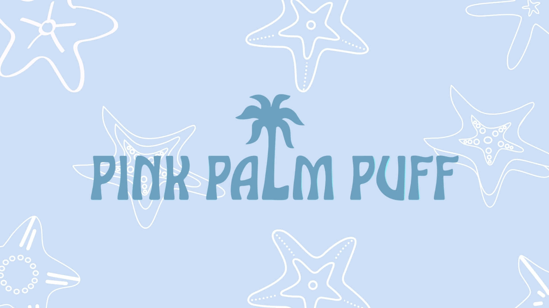  壁紙 — 淺藍色背景，帶有白色輪廓海星，以及文字 pink palm puff 上方的棕櫚樹標誌。