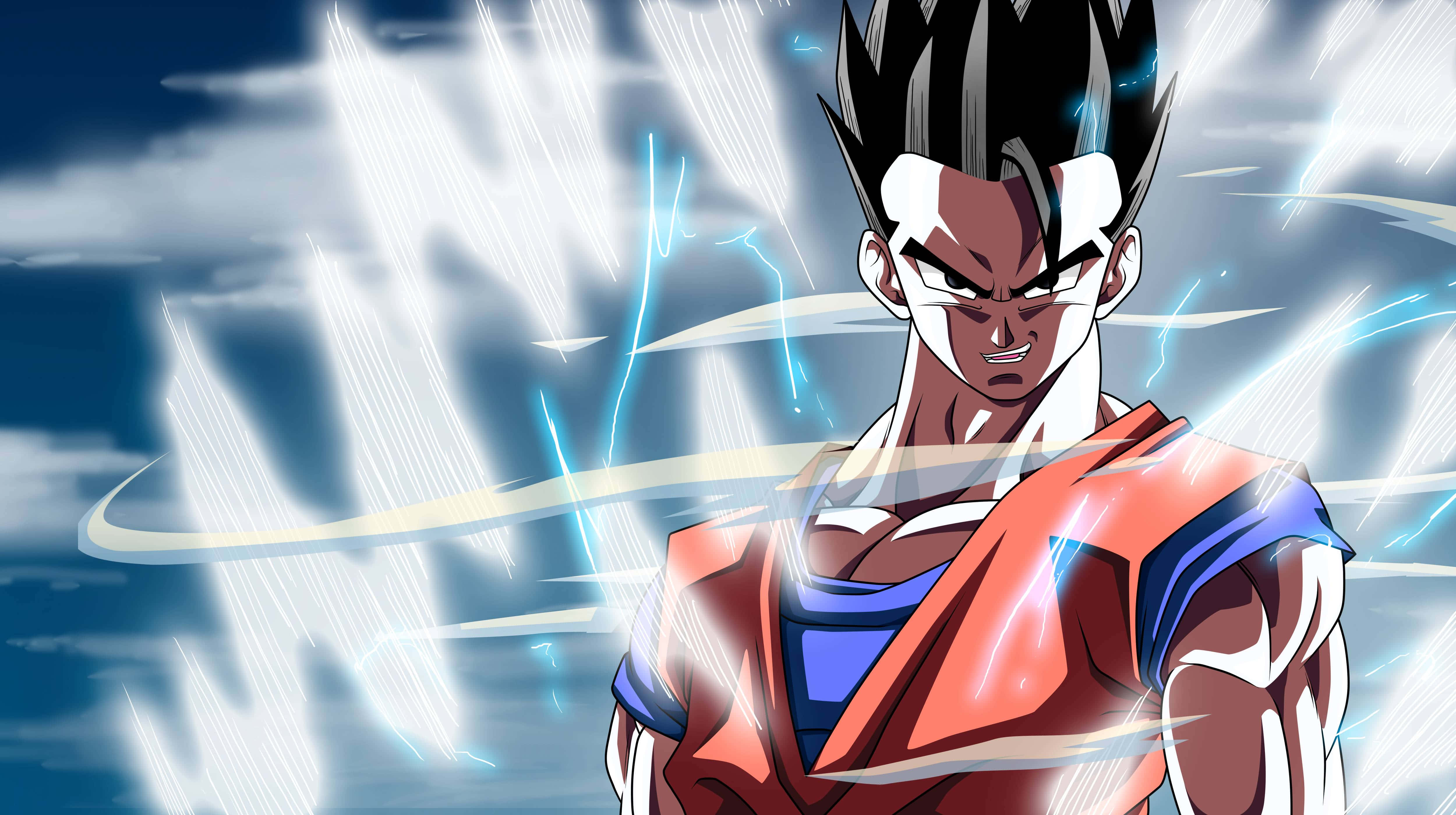 Gohan Beast 桌布 壁紙 — 強大的動漫戰士，擁有尖刺黑髮和發光的藍色光環，站在雷電交加的暴風雨天空下。