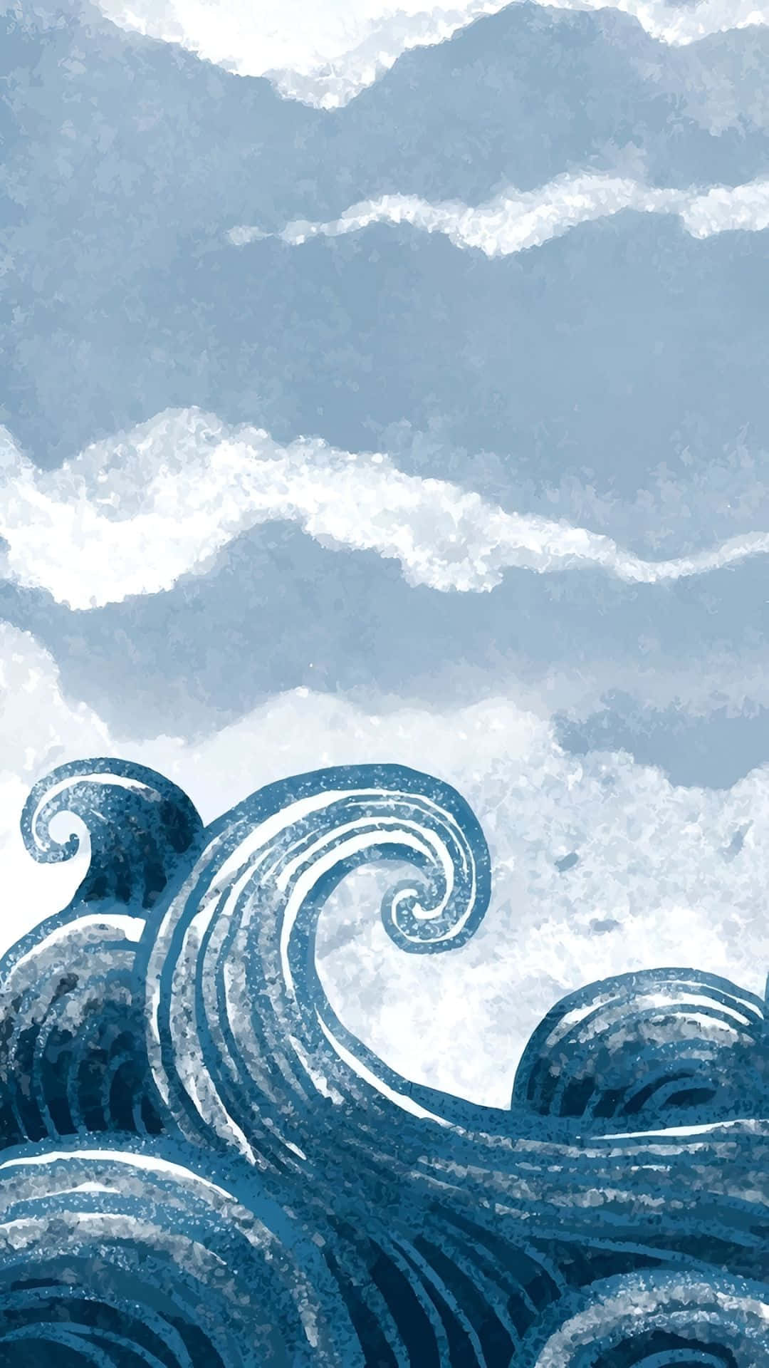  壁紙 — 強勁的海浪在深藍和白色中翻騰並旋轉，映襯著紋理豐富的天空。