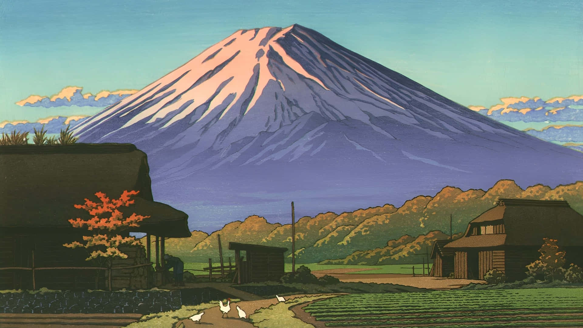  壁紙 — 晴朗天空下，富士山聳立於傳統木屋和秋樹之上的寧靜日本鄉村景色。