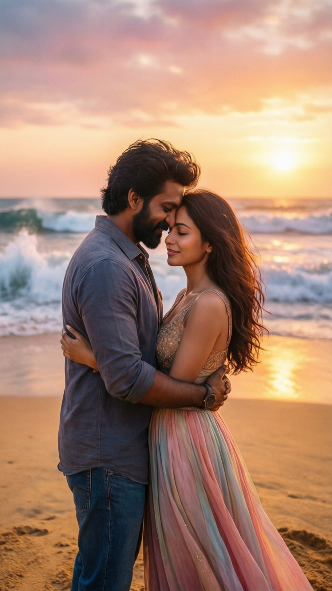 Beach Romance 壁紙 — 一對情侶在沙灘上溫柔擁抱，身後金色的夕陽光芒灑在海浪上。