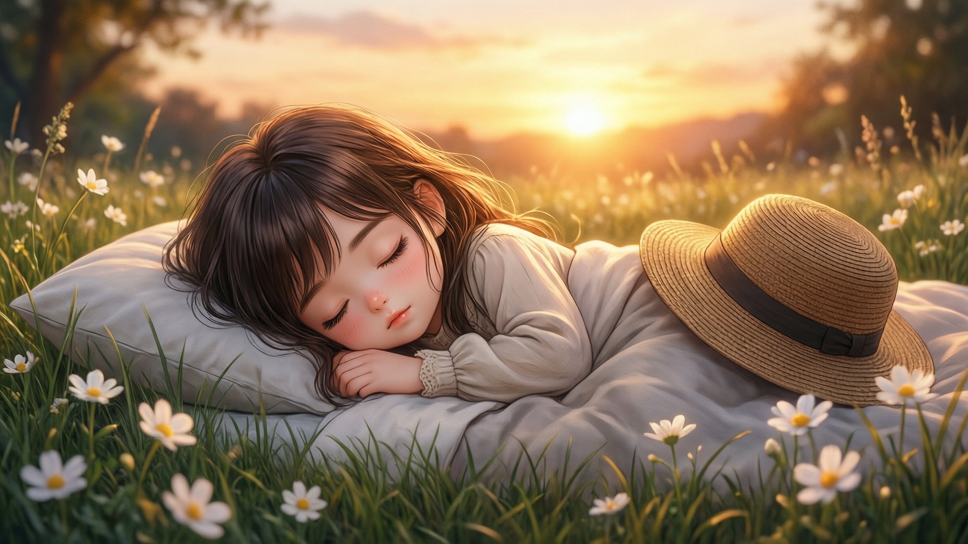 一個年輕女孩在夕陽下的雛菊田裡蓋著毯子睡覺