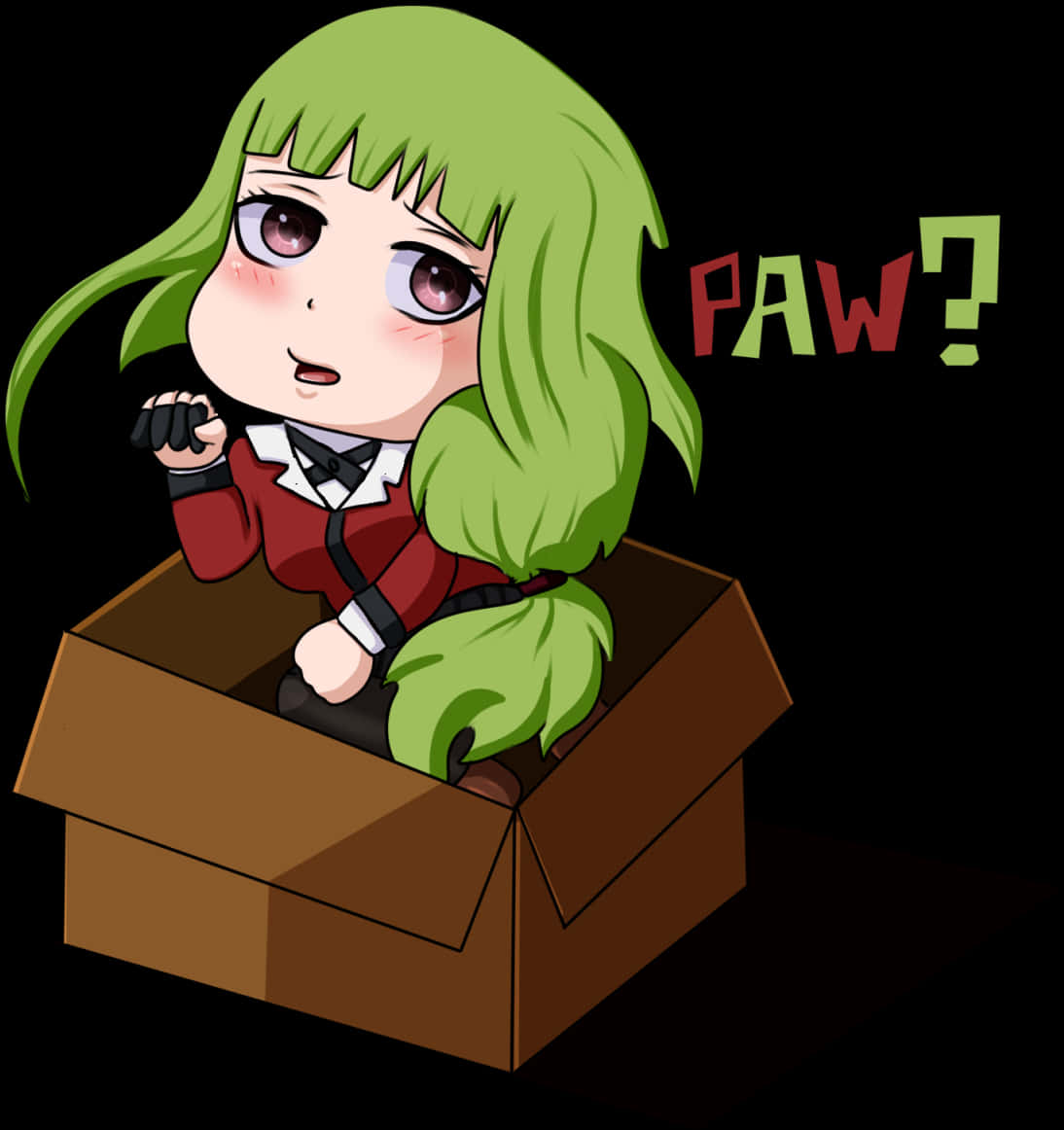 盒中Q版角色與「PAW？」字樣 壁紙 — 一個綠色頭髮的Q版動漫女孩坐在紙箱裡，表情驚訝，旁邊漂浮著「PAW?」這個詞。