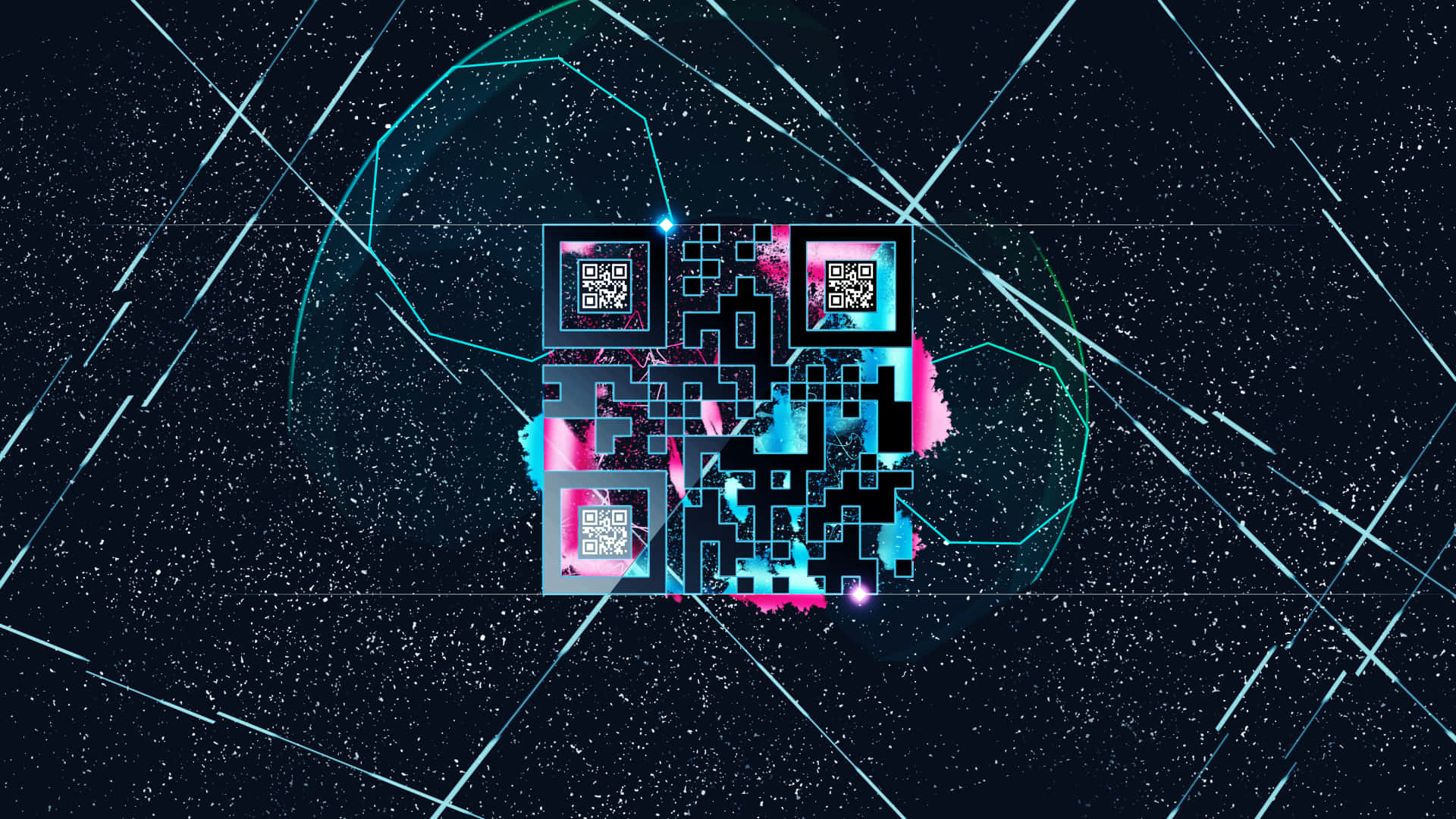 QR 碼藝術桌面 壁紙 — 一個發光的霓虹QR碼漂浮在星空的宇宙虛空中，帶有交錯的光跡和幾何輪廓。