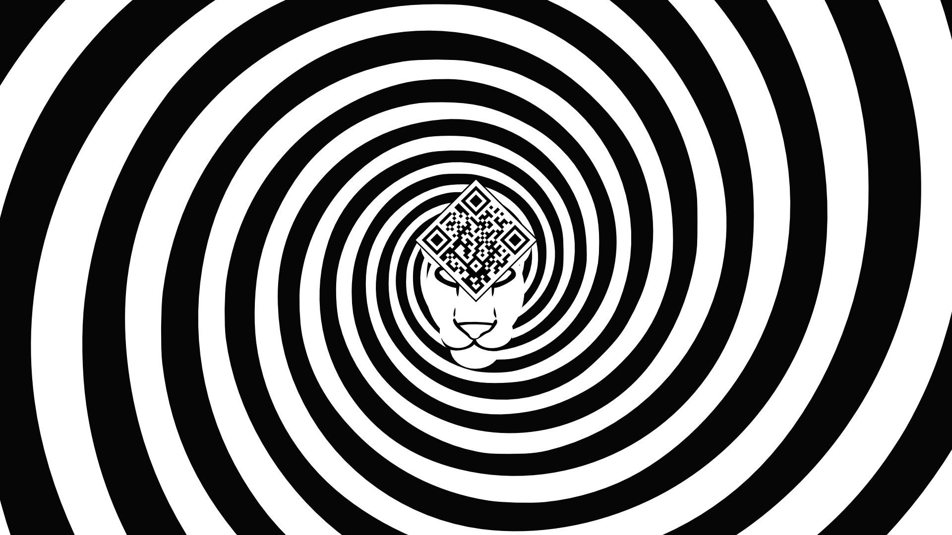 QR碼位於催眠漩渦前 壁紙 — 一個催眠的黑白螺旋將視線吸引到一個風格化的獅子頭上，其額頭帶有QR碼圖案。