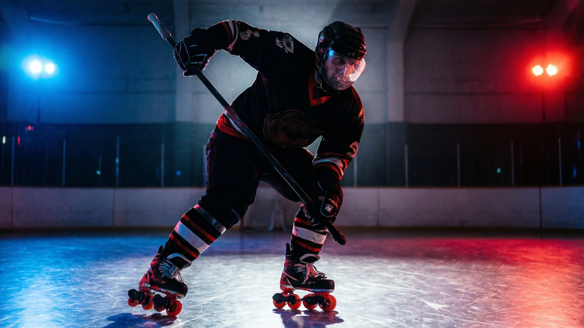 Roller Hockey 桌布 壁紙 — 一名穿著全套裝備的曲棍球運動員在戲劇性的藍色和紅色場館燈光下，低身蹲在直排輪鞋上。