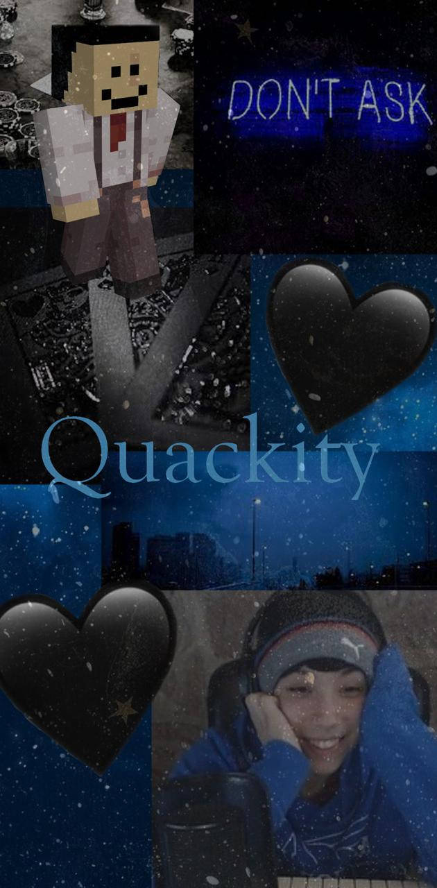 Quackity 在灰藍背景中 壁紙 — 一個Minecraft角色、一個穿著藍色連帽衫微笑的人、以及發光文字，背景是雪夜天空和黑色心形的拼貼畫。
