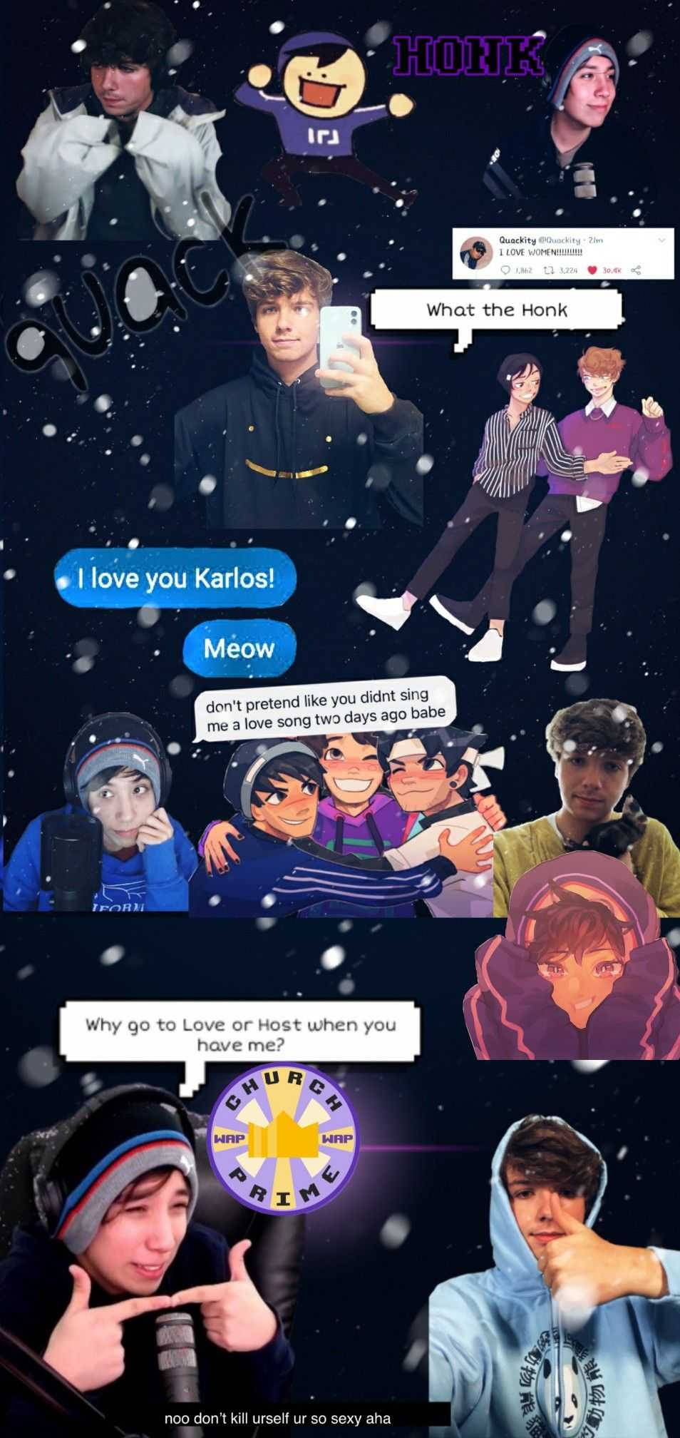 Quackity 動態照片 壁紙 — 由串流主播Karlos和動畫角色組成的拼貼畫，背景是雪地數碼聊天場景，帶有文字氣泡。