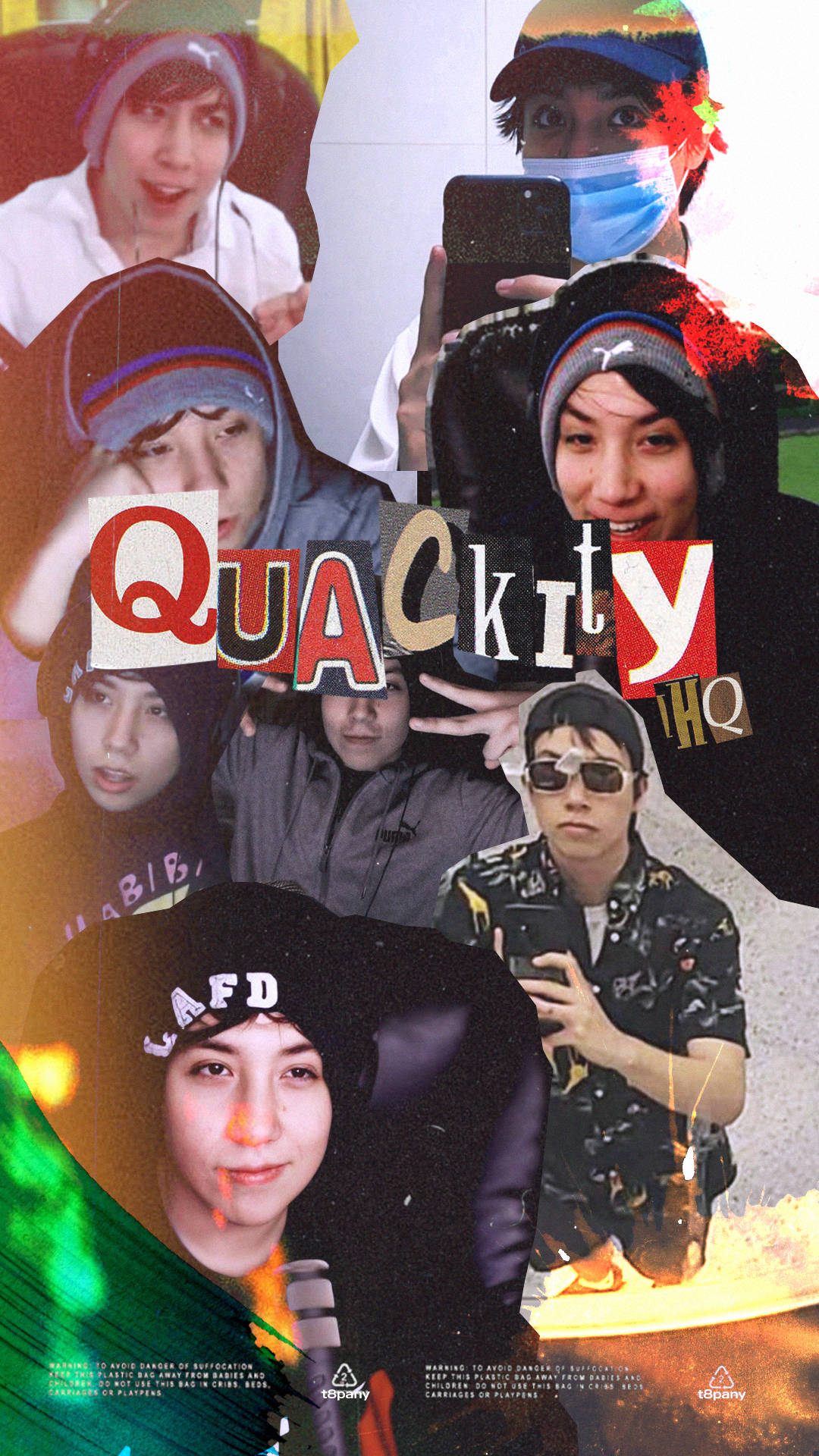 Quackity 潮流宣傳海報 壁紙 — 一幅充滿活力的拼貼畫，描繪穿著街頭服飾的年輕人，在色彩繽紛的抽象背景前，拿著手機和口罩擺姿勢。