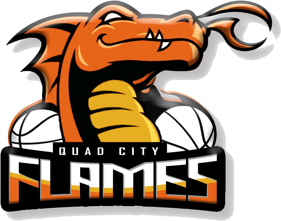 Quad City Flames 龍隊標誌 壁紙 — 一個風格化的橙色龍吉祥物，手持籃球，下方有「Quad City Flames」文字。
