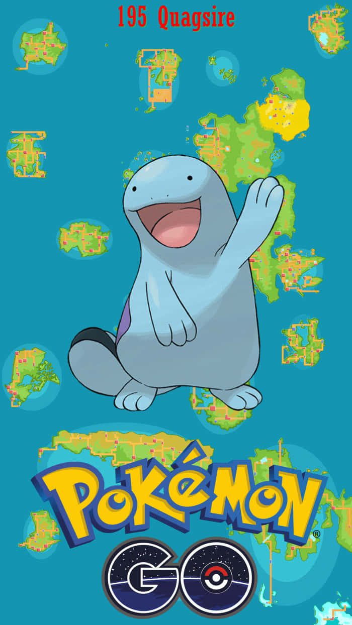 Quagsire 湖畔悠閒漫步 - 寶可夢壁紙 壁紙 — 一隻開心的藍色 Quagsire 在充滿漂浮 Pokémon GO 地圖碎片的青綠色背景上愉快地揮手。