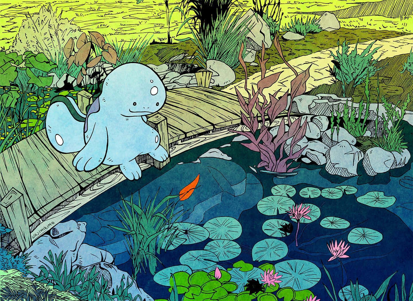 活力四射的 Quagsire 壁紙 — 一隻藍色卡通青蛙坐在木橋上，俯瞰著一個有睡蓮、粉紅色花朵和一條金魚在下面游泳的池塘。