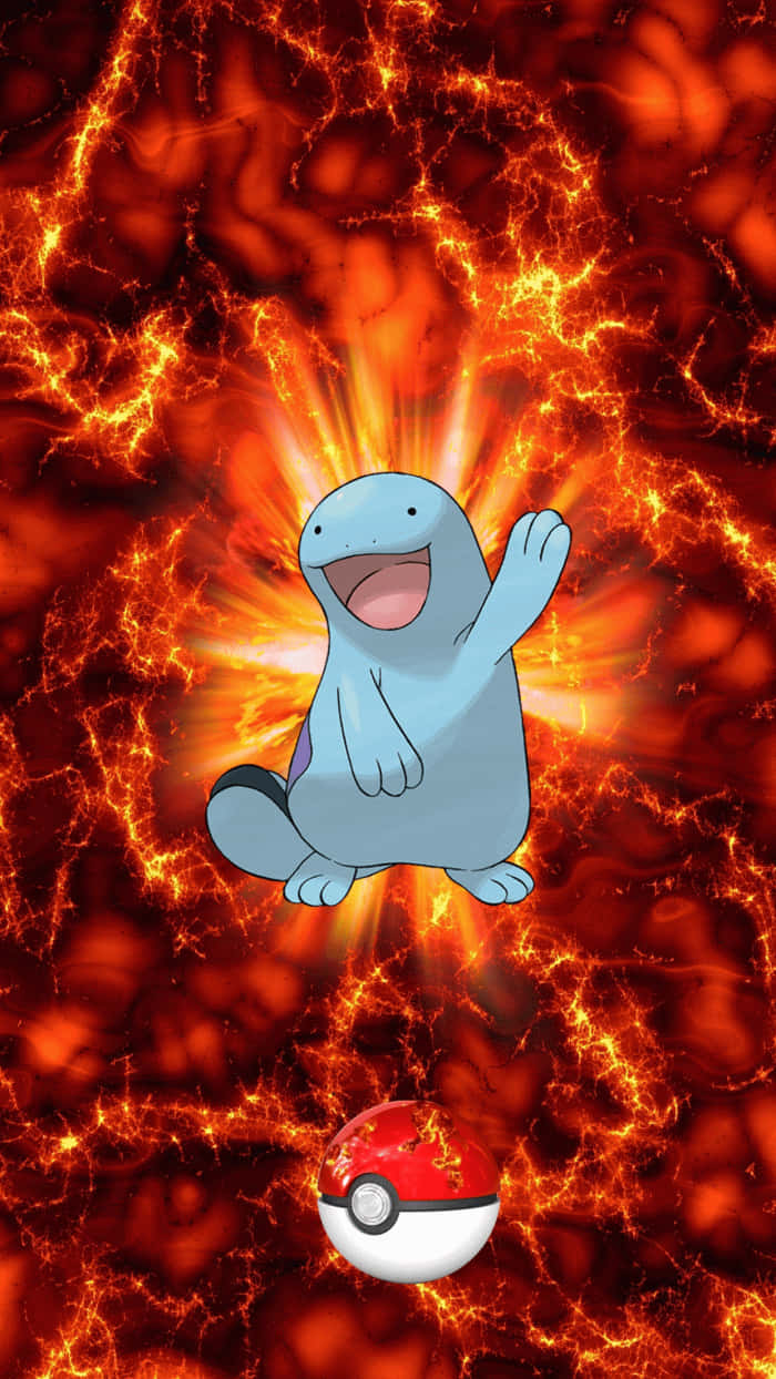 Quagsire 動態展現 壁紙 — 一隻開心的藍色Pokemon喺火辣辣嘅橙色熔岩背景下快樂咁揮手，下面仲有個精靈球。