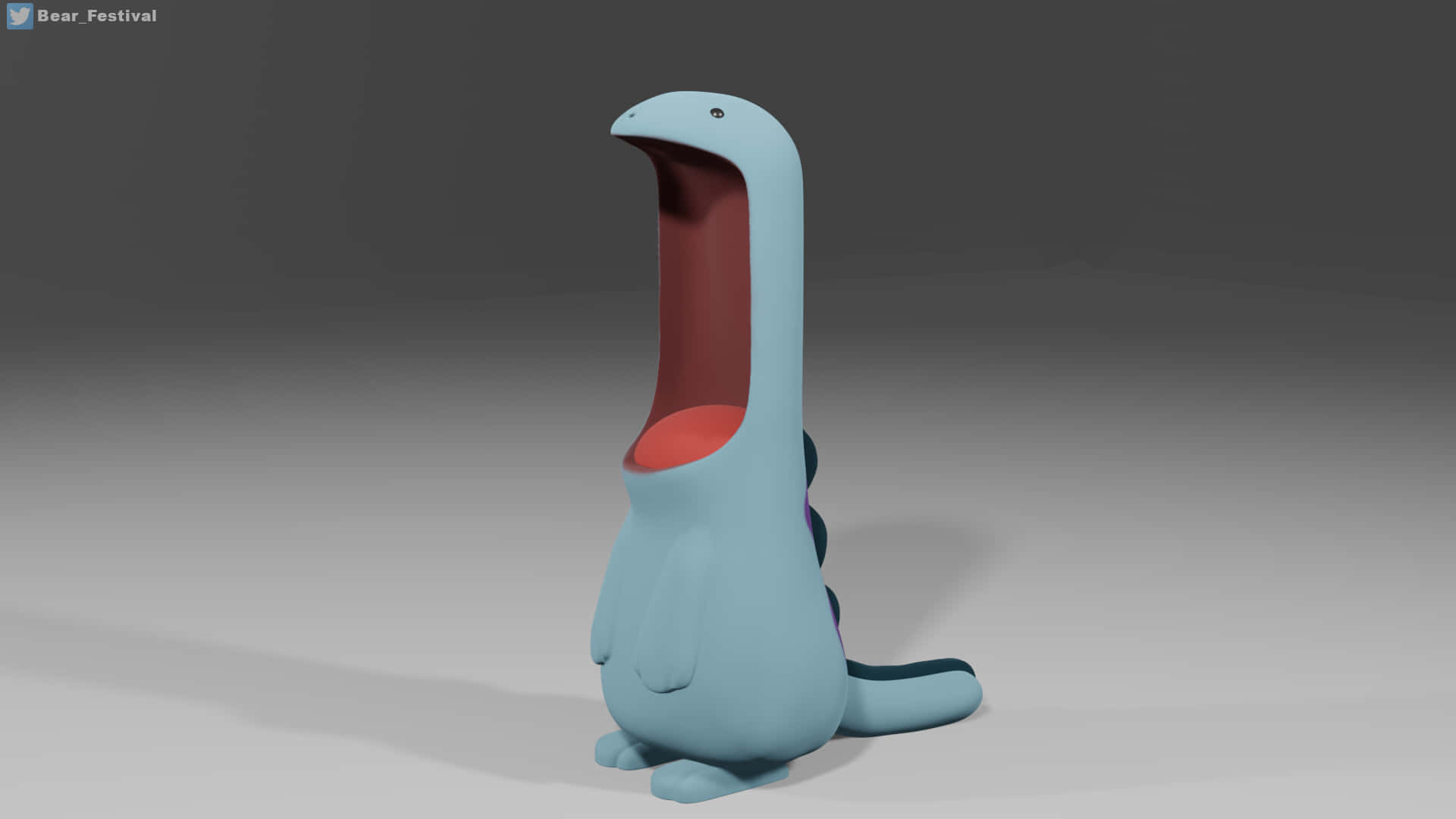 Quagsire - 自然棲息地中的王者風采 壁紙 — 一隻淺藍色3D渲染的恐龍-like生物，長頸張口，站在漸變灰色背景前。