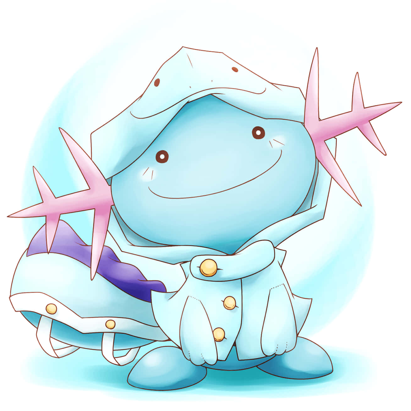 Quagsire 與繁茂綠意共舞 壁紙 — 一個快樂的藍色卡通生物，有粉紅色海星手臂和淺藍色外套，在柔和的發光背景下溫暖地微笑。