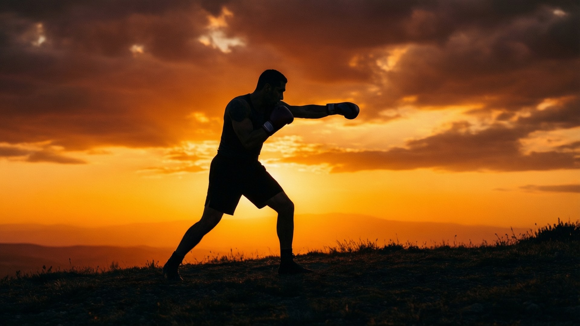 拳擊手剪影在日落時分於山丘上揮拳