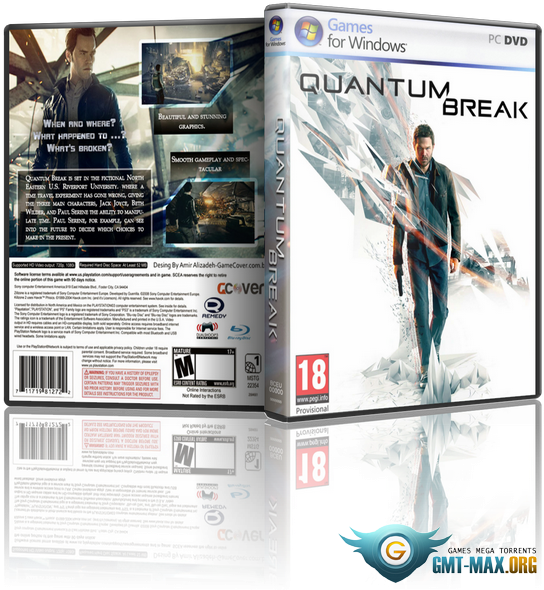 Quantum Break PC DVD封面 壁紙 — Quantum Break 的電子遊戲盒，一名身穿深色外套的男子在破碎玻璃背景下手持發光武器。
