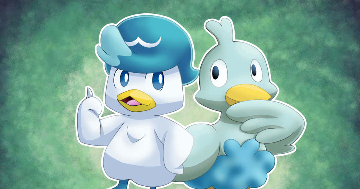 Quaxly 與 Ducklett 在綠色背景前 壁紙 — 兩隻動畫鴨子般的寶可夢角色在帶有紋理的綠色背景前愉快地擺姿勢。