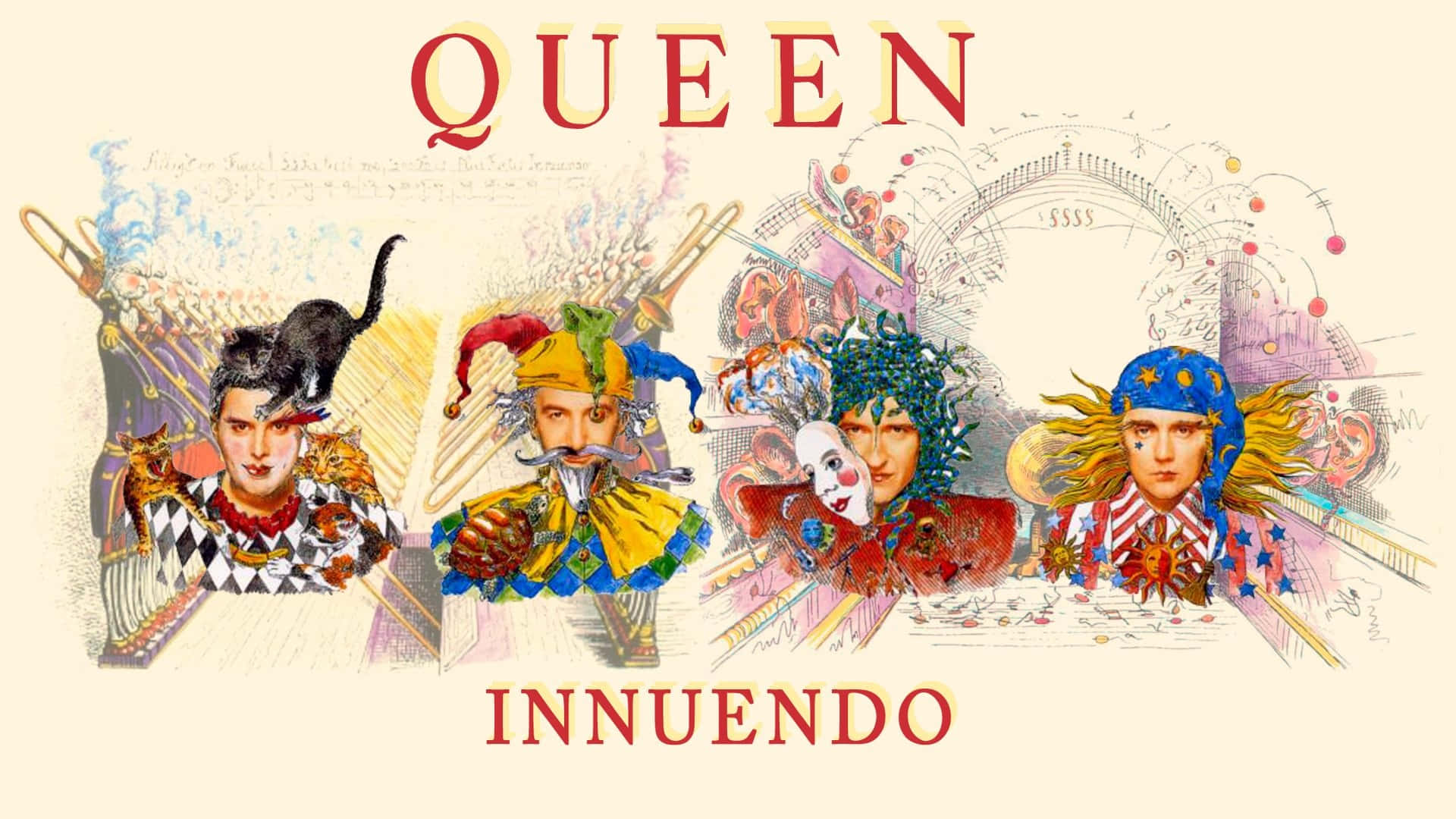 女王 桌布 壁紙 — Queen 的《Innuendo》專輯封面，生動描繪了四位樂隊成員穿著華麗的戲劇服裝，背景奇幻而超現實。