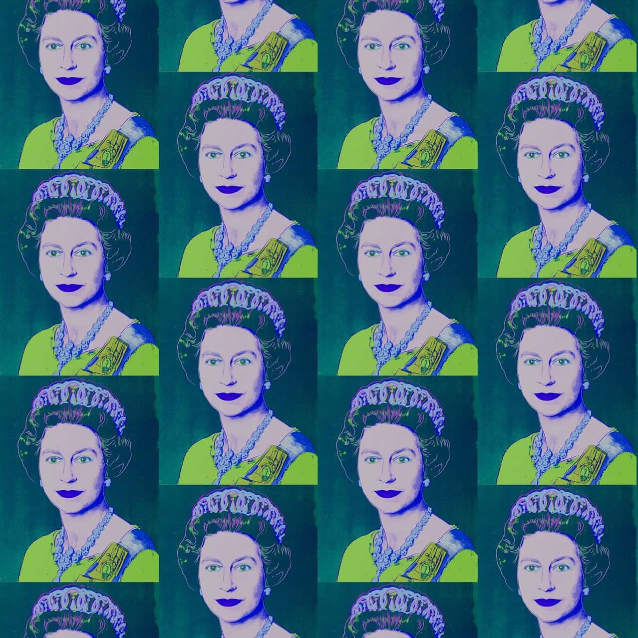 Queen - 紀念樂隊的音樂傳奇 壁紙 — 一個網格，包含相同嘅英女王伊利沙伯二世流行藝術肖像，以鮮綠色同紫色呈現，背景係藍綠色。