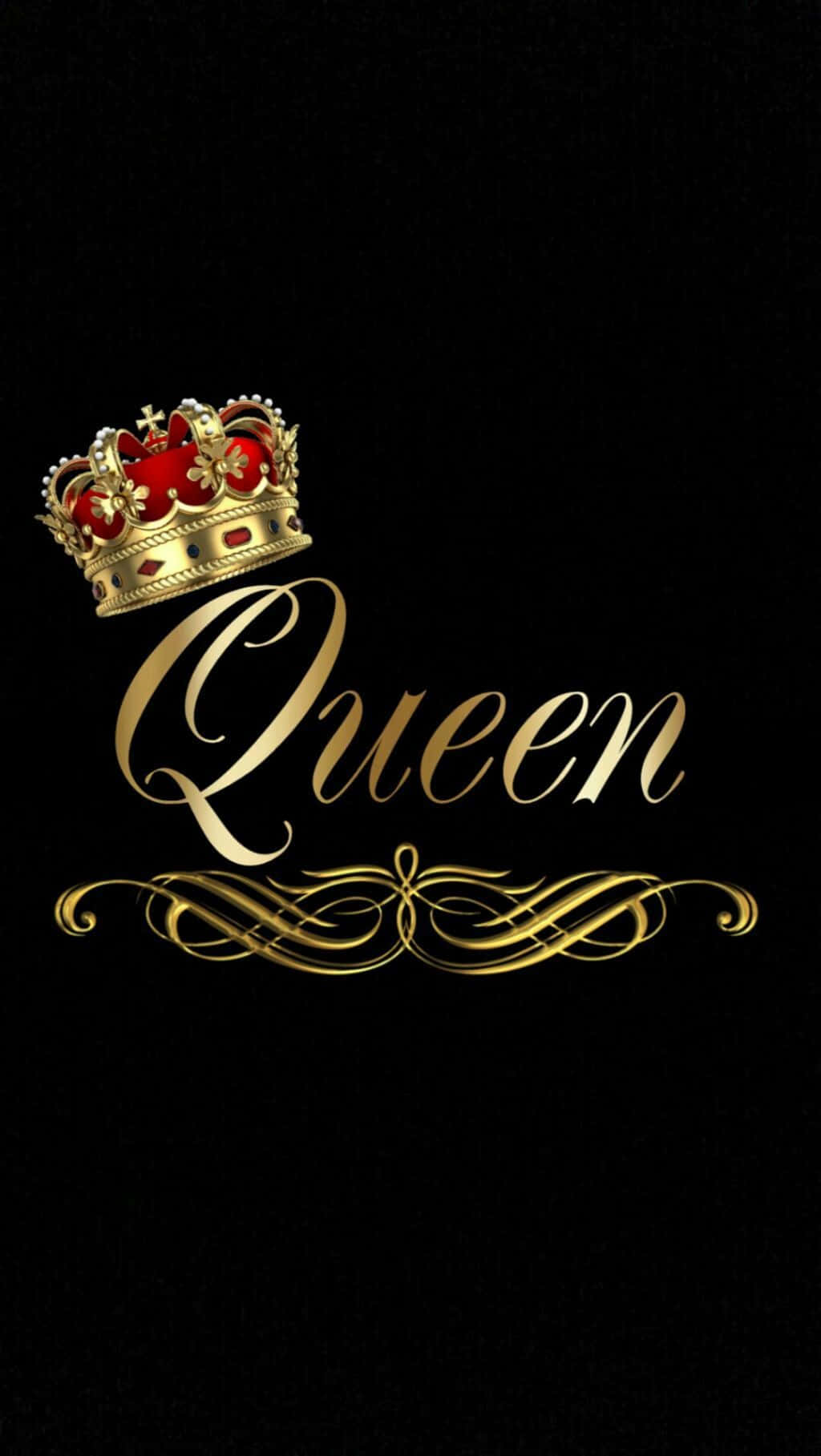 Queen現場演出 壁紙 — 一個金色皇冠配紅色天鵝絨，位於優雅字體的Queen一字之上，背景為黑色。