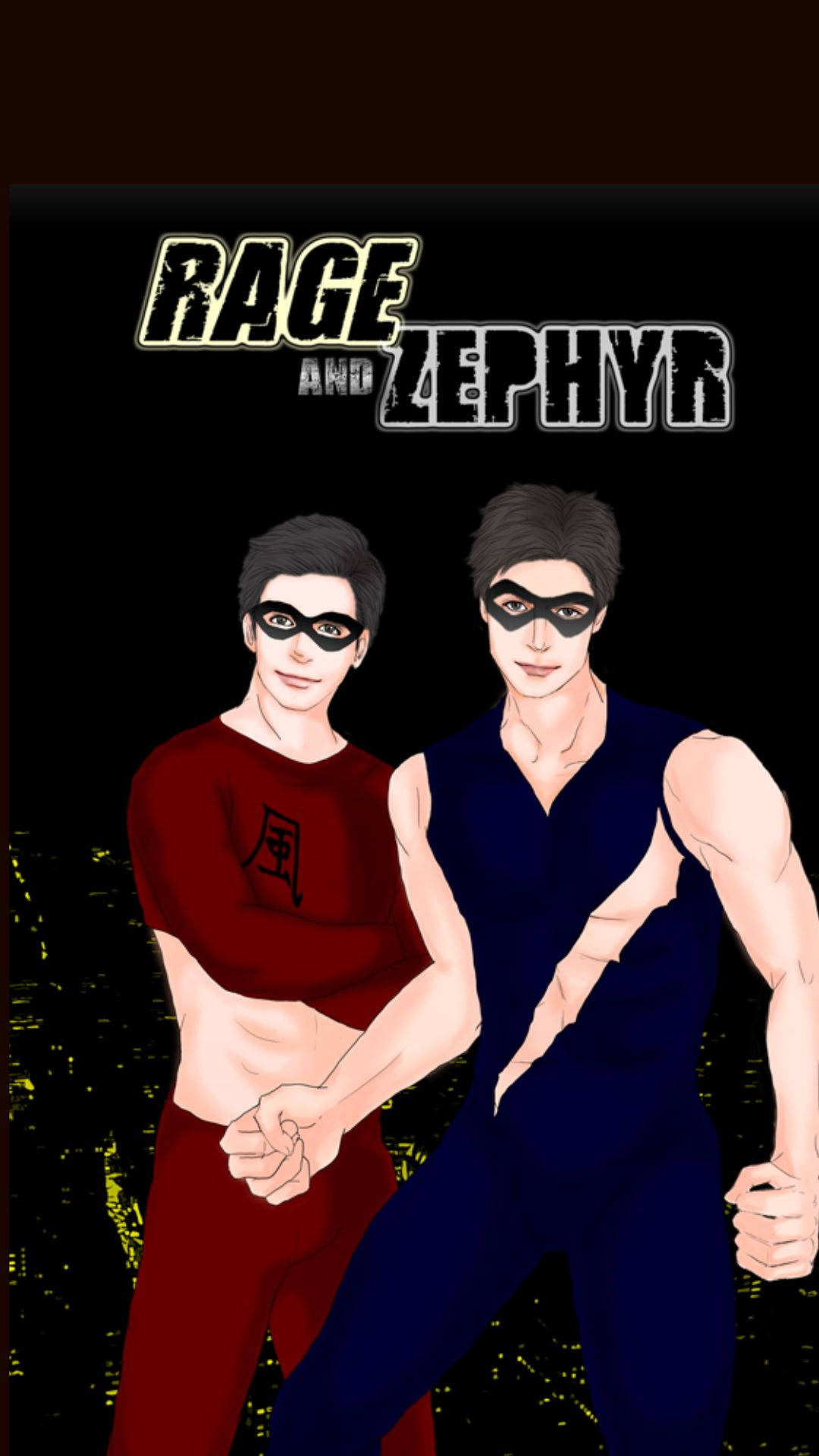Queer As Folk Rage與Zephyr 壁紙 — 兩位戴面具的男性超級英雄，身穿紅色和藍色服裝，自信地站在黑暗的城市景觀背景下。