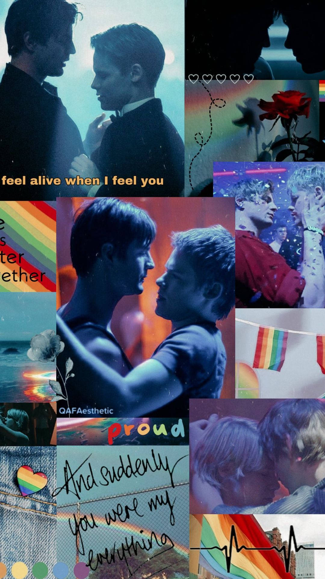 Queer As Folk 场景拼貼 壁紙 — 一幅充滿活力的 LGBTQ+ 主題拼貼畫，展現男性之間的浪漫和深情時刻，帶有彩虹圖案和真摯的語錄。