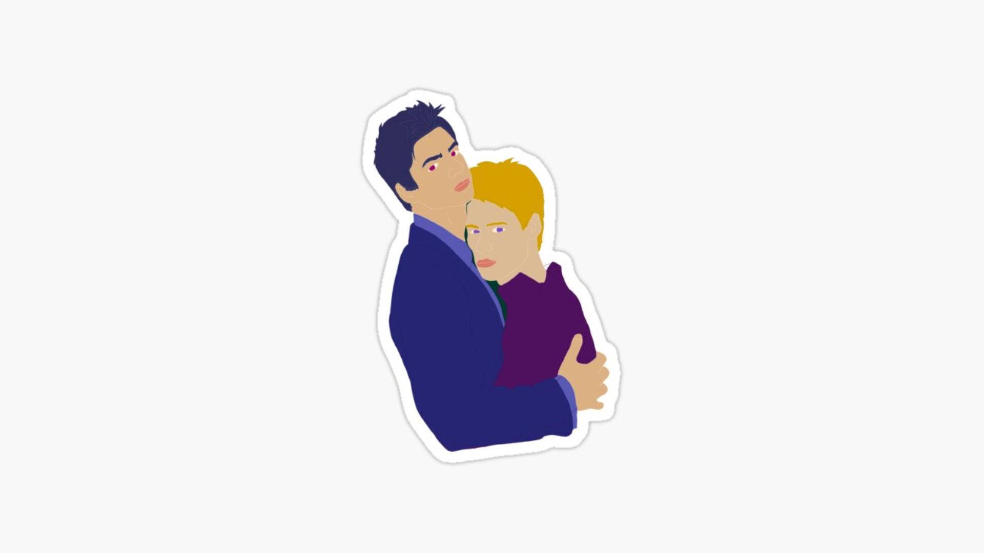 《Queer As Folk》擁抱畫面 壁紙 — 一個風格化的插圖，描繪一名身穿藍色西裝的男子在純白背景前擁抱一名身穿紫色上衣的金髮女子。