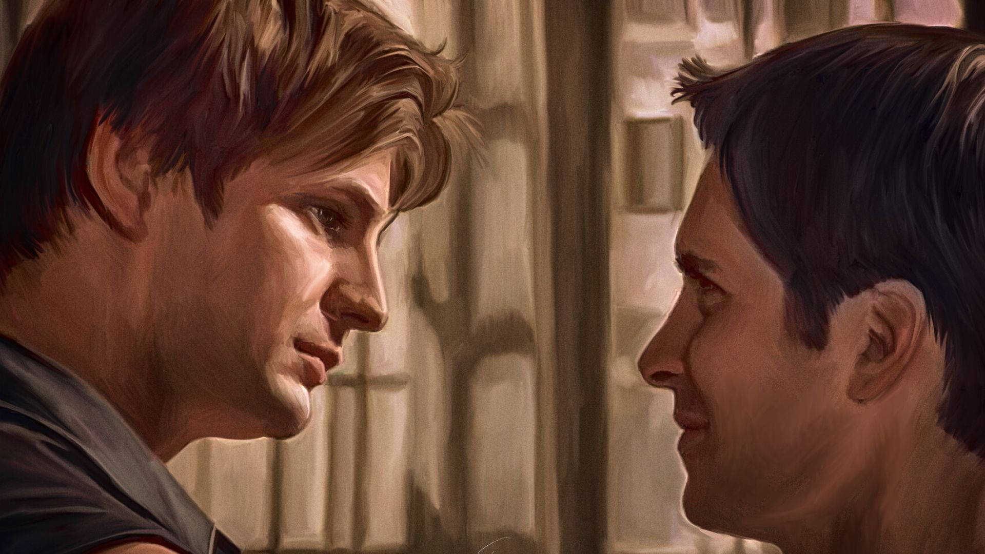 《Queer As Folk》深情對望 壁紙 — 兩個男人在溫暖照明的房間中面對面，柔和陰影和細緻筆觸捕捉強烈情感。