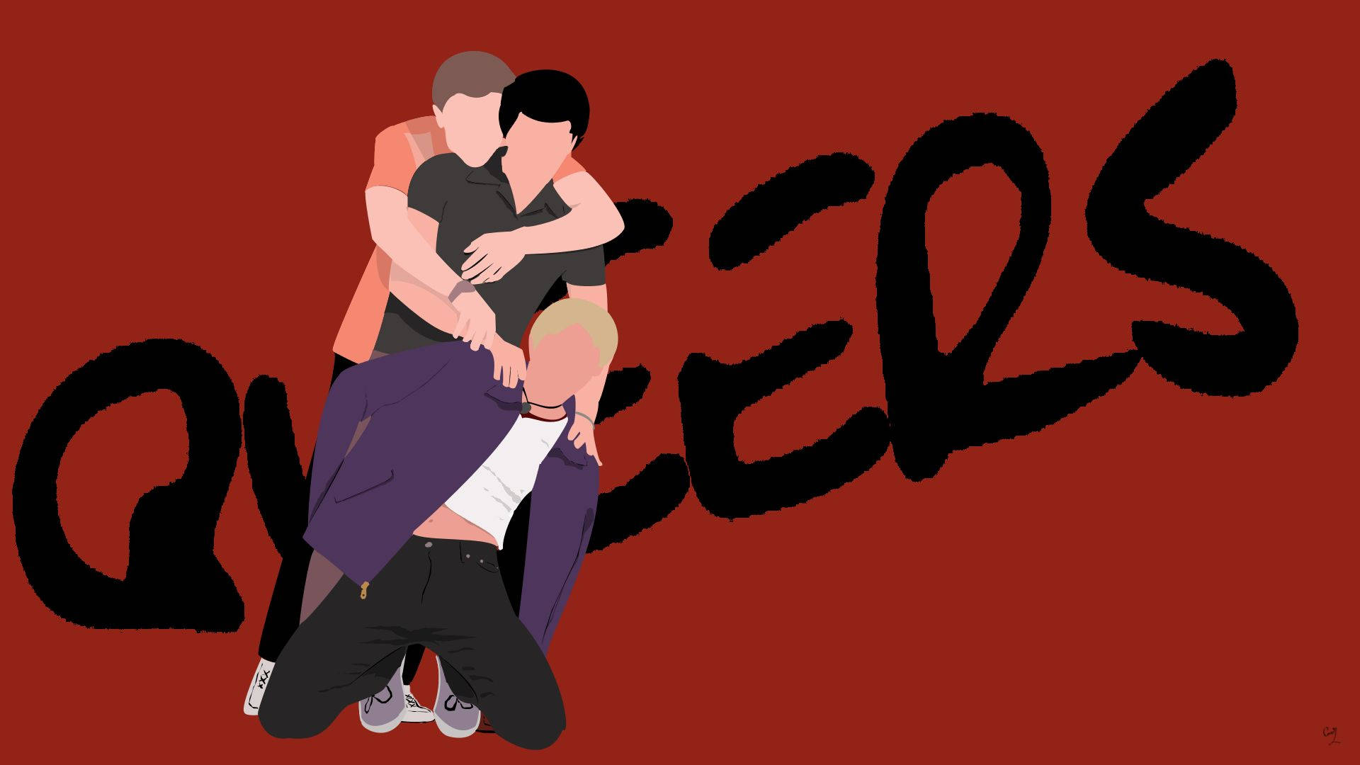 《Queer As Folk》演員們的歡樂時光 壁紙 — 三個風格化的人物在鮮紅色背景上溫暖地擁抱，背景上有大型黑色刷筆字體寫成的「QUEERS」字樣。