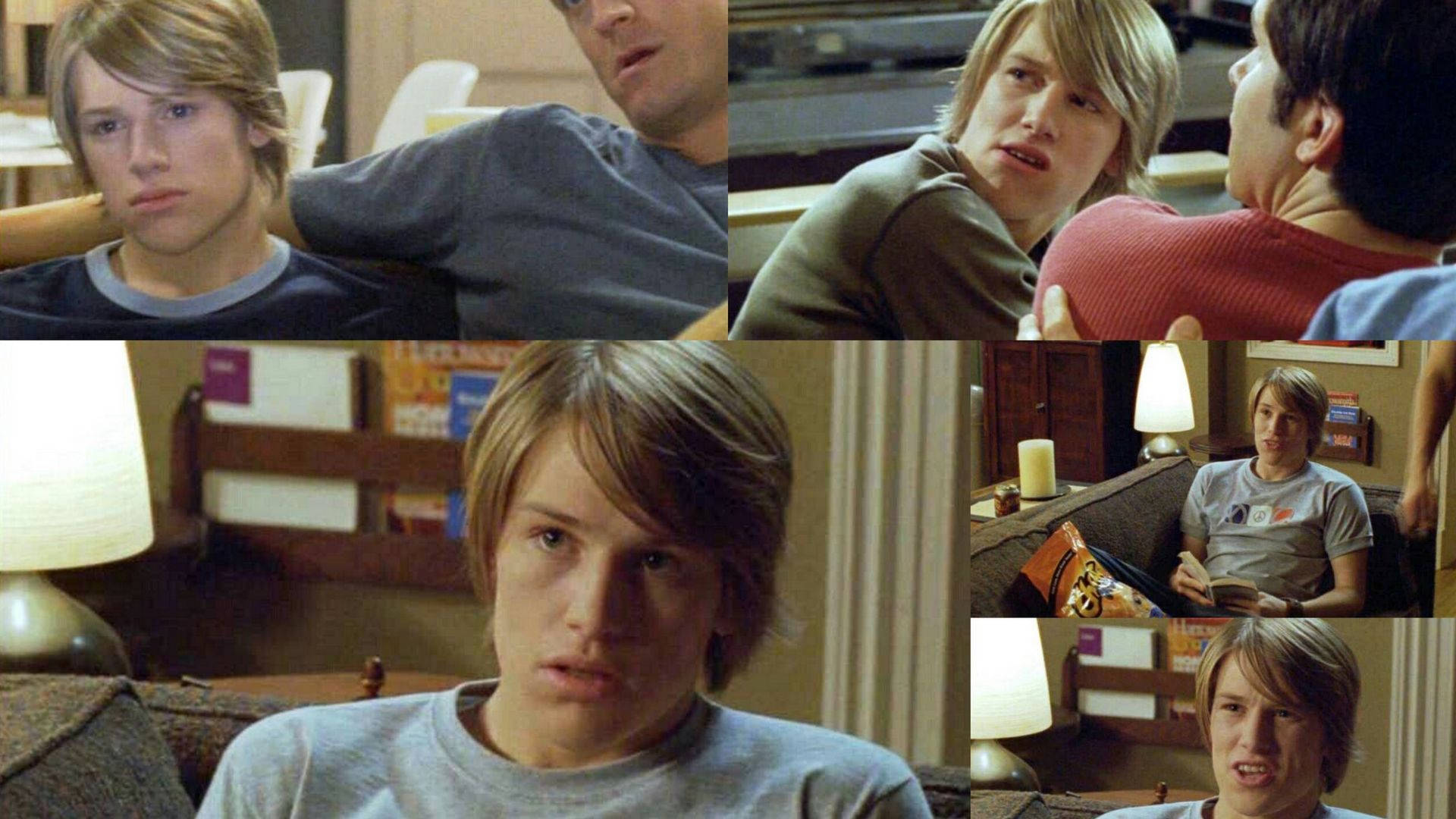 《Queer As Folk》納森場景集 壁紙 — 一位金髮年輕男子在多個特寫鏡頭中，於溫暖照明的室內環境中表現出擔憂和困惑的反應。