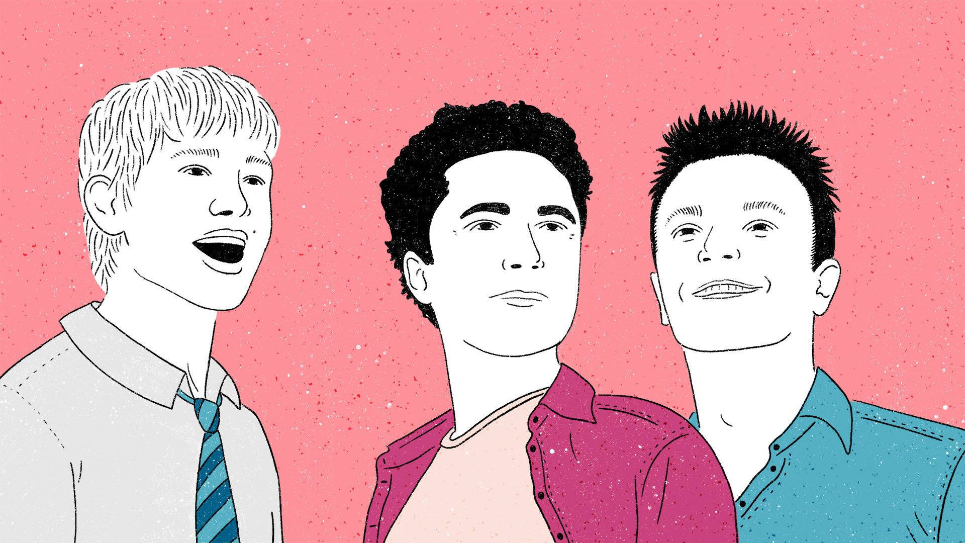 《Queer As Folk》角色絢麗畫像 壁紙 — 三個風格化的男人，表情各異，穿著色彩繽紛的襯衫，站在斑點粉紅背景前。