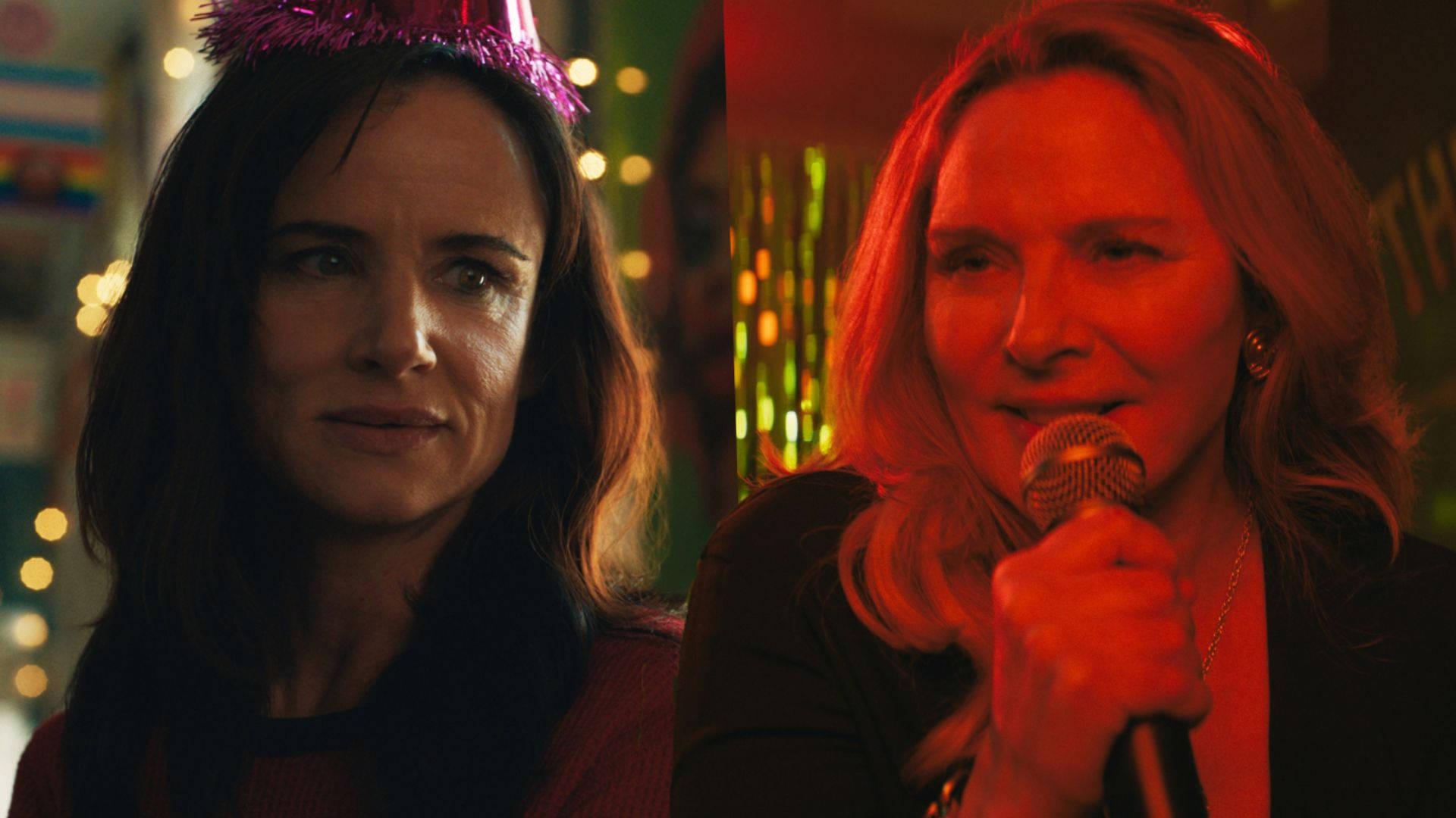 《Queer As Folk》金與朱莉葉特 壁紙 — 兩個女人在燈光昏暗的派對上，一個戴著粉紅色皇冠，另一個在紅燈下對著麥克風唱歌。