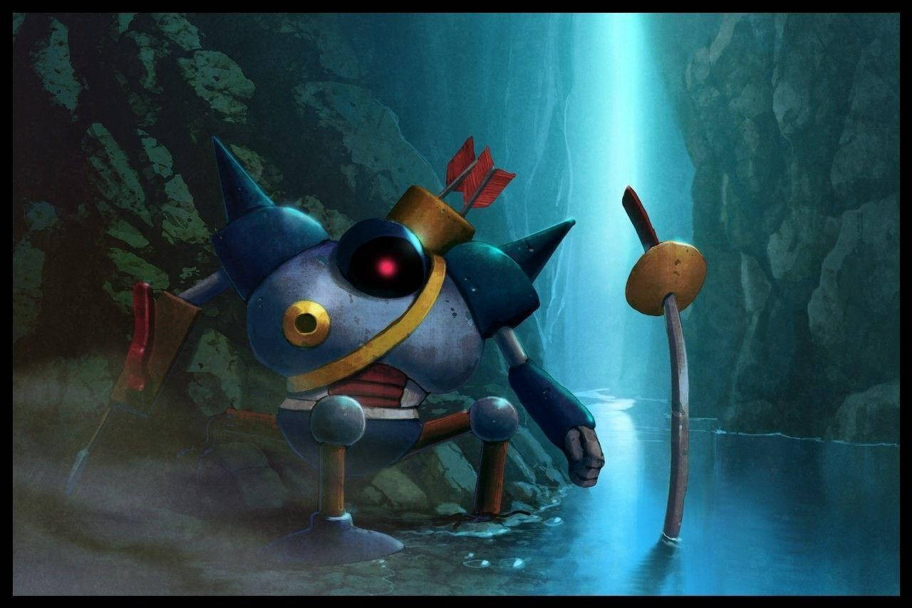 龍 Quest 系列經典敵人「殺戮機器」 壁紙 — 一個藍色機械生物，有紅色眼睛和箭頭帽子，站在一個被光束照亮的霧氣瀰漫的水下洞穴中。