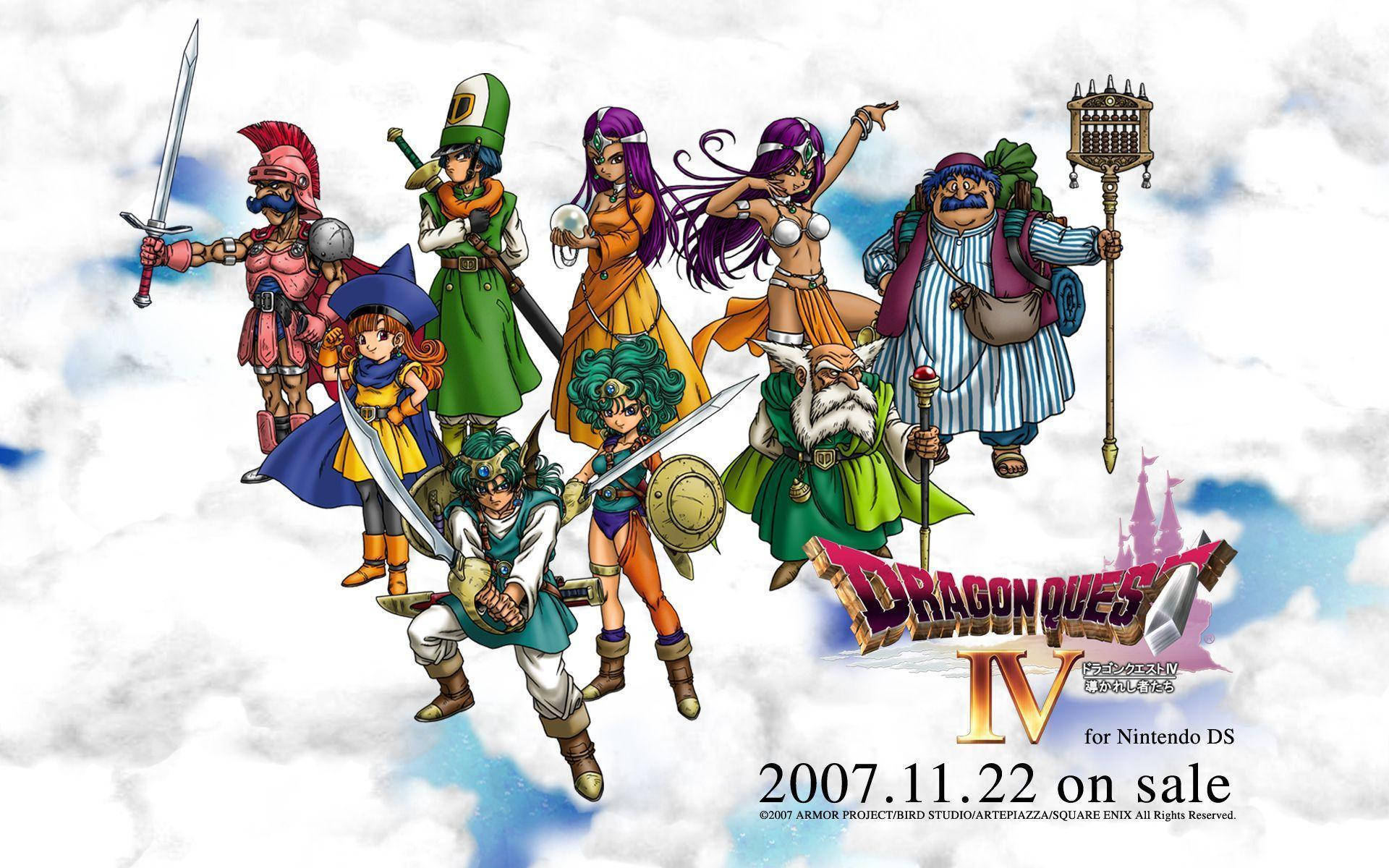 龍 Quest IV 主要角色集體 壁紙 — 一群充滿活力的奇幻冒險家，身穿色彩繽紛的中世紀盔甲和武器，在陰雲密佈的天空中漂浮，並帶有遊戲標題文字。